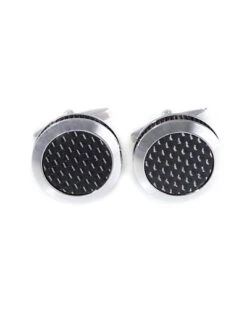 Rhodium Plated And Carbon Fiber Round Cufflinks Men