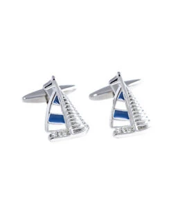 Rhodium Plated Blue & White Sail Boat Design Cufflinks Men