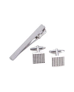Rhodium Plated Checkered Design Cufflinks & Tie Pin Set Men