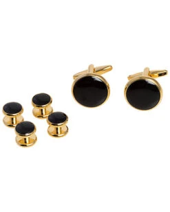 Black Enameled Gold Plated Cufflinks & Studs Set Men