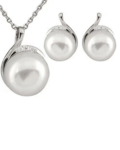 Ver 9-10mm Freshwater Pearl & CZ Earrings & Necklace Set Set Men