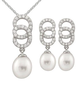 Ver 7-8mm Freshwater Pearl & CZ Earrings & Necklace Set Set Men