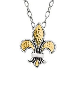 18K & Silver Fleur De Lis Pendant Necklace Men